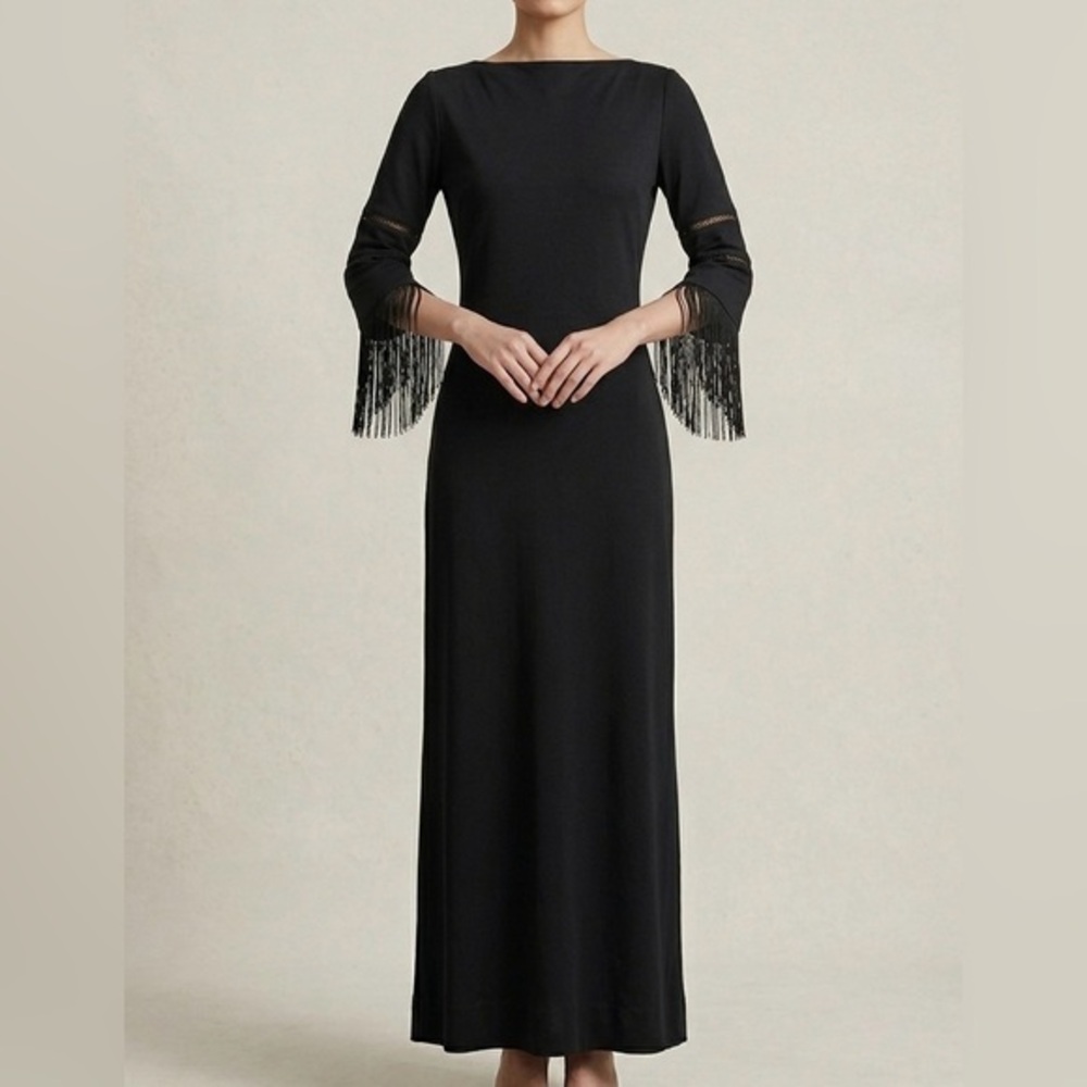 ALISON AYRES Original Vintage Black Fringe Sleeve Maxi Column Gown 1960s 1970s